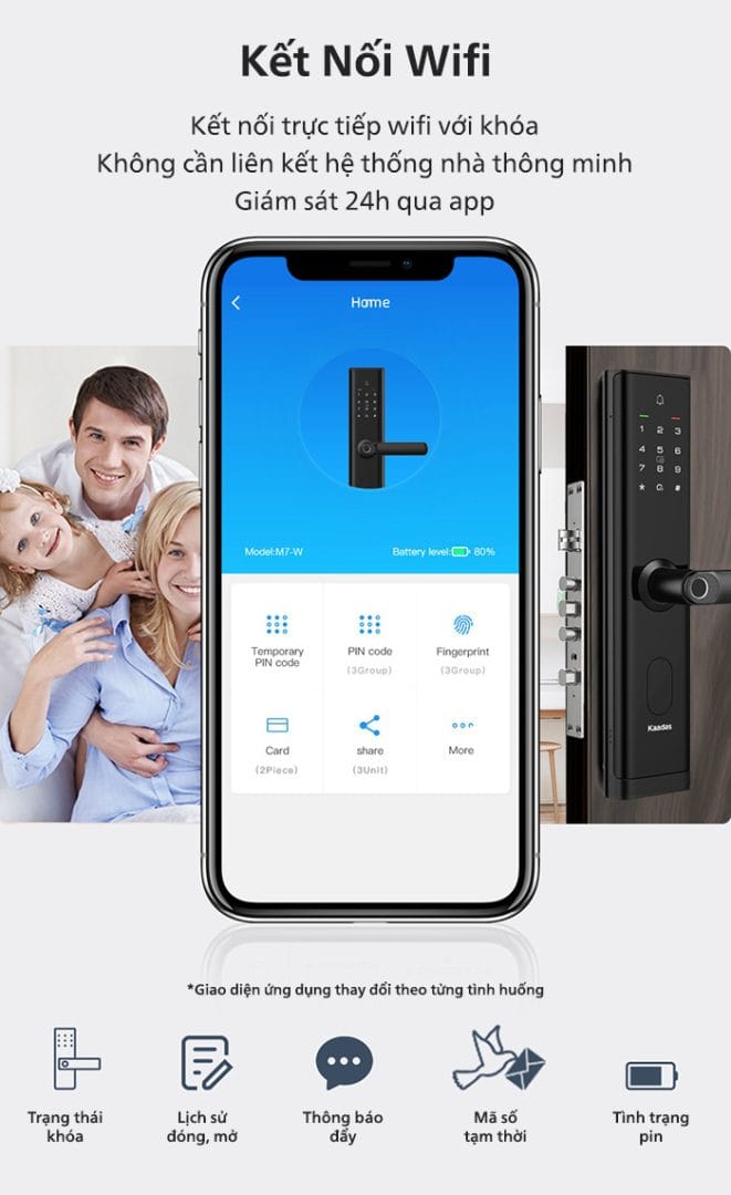 Khả năng kết nối khóa Kaadas M7-W với ứng dụng điện thoại